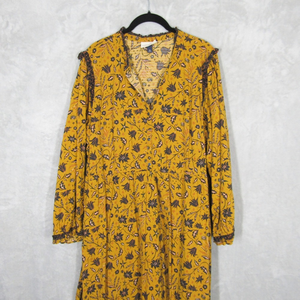 Universal Thread Mustard Yellow Floral Boho Midi Dress XXL Long Sleeve Cotton - Picture 2 of 14